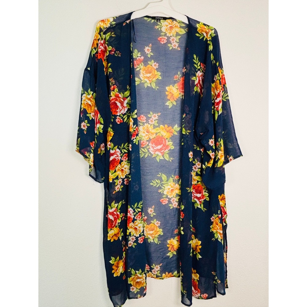 Ambiance Navy Blue Floral‎ Kimono Cardigan Sheer Chiffon Cover Up Plus 1X